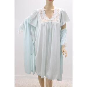 Vintage Loraine Short Nightgown Peignoir Robe Set Nylon Lace Embroidery M L USA